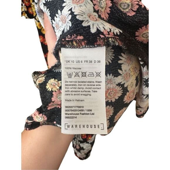 Warehouse Black Floral Cottage Button Up Mini Dress | Size 10 - Picture 7 of 7